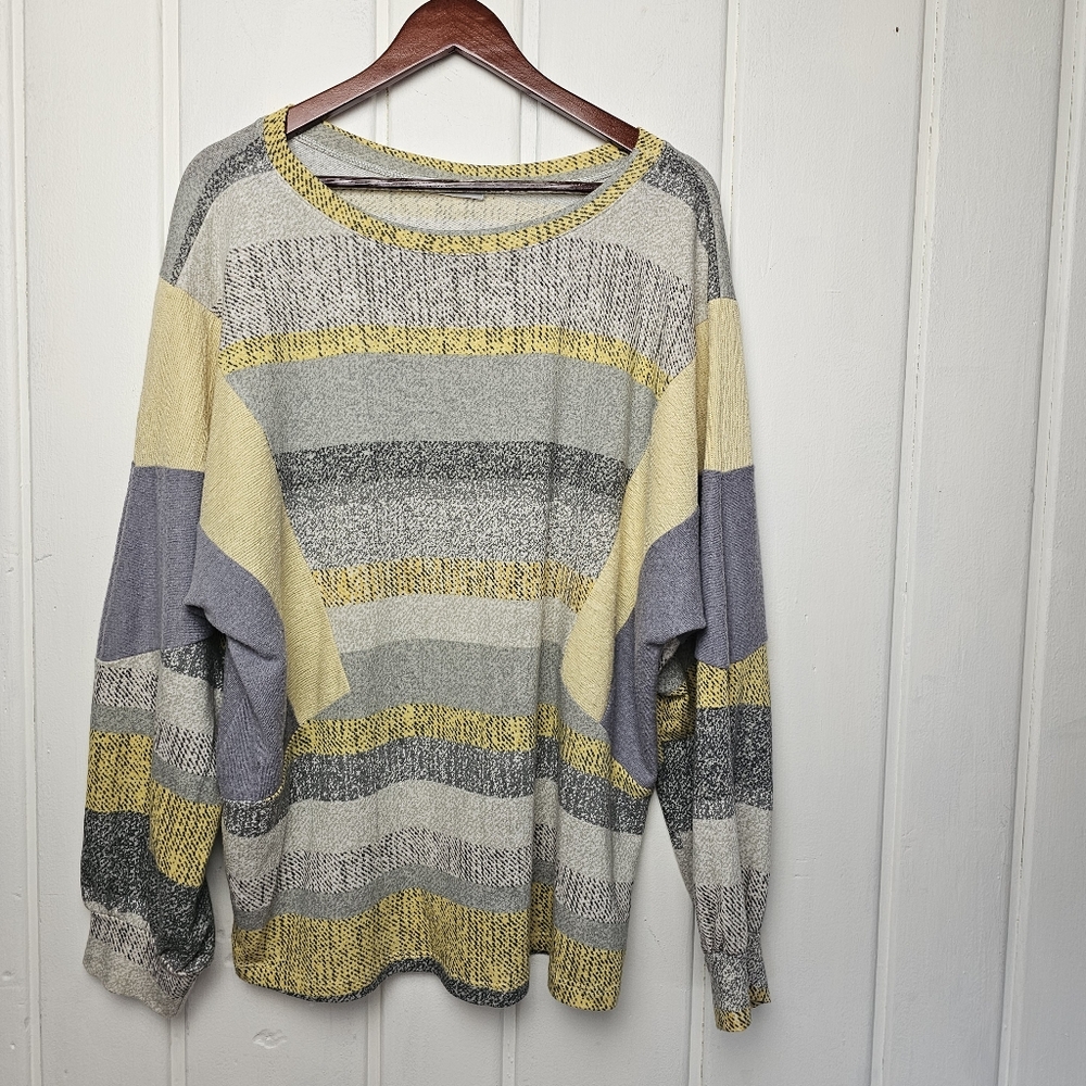 Ces Femme OverSized Yellow Gray Boat Neck Knit Comfy Sweater Large